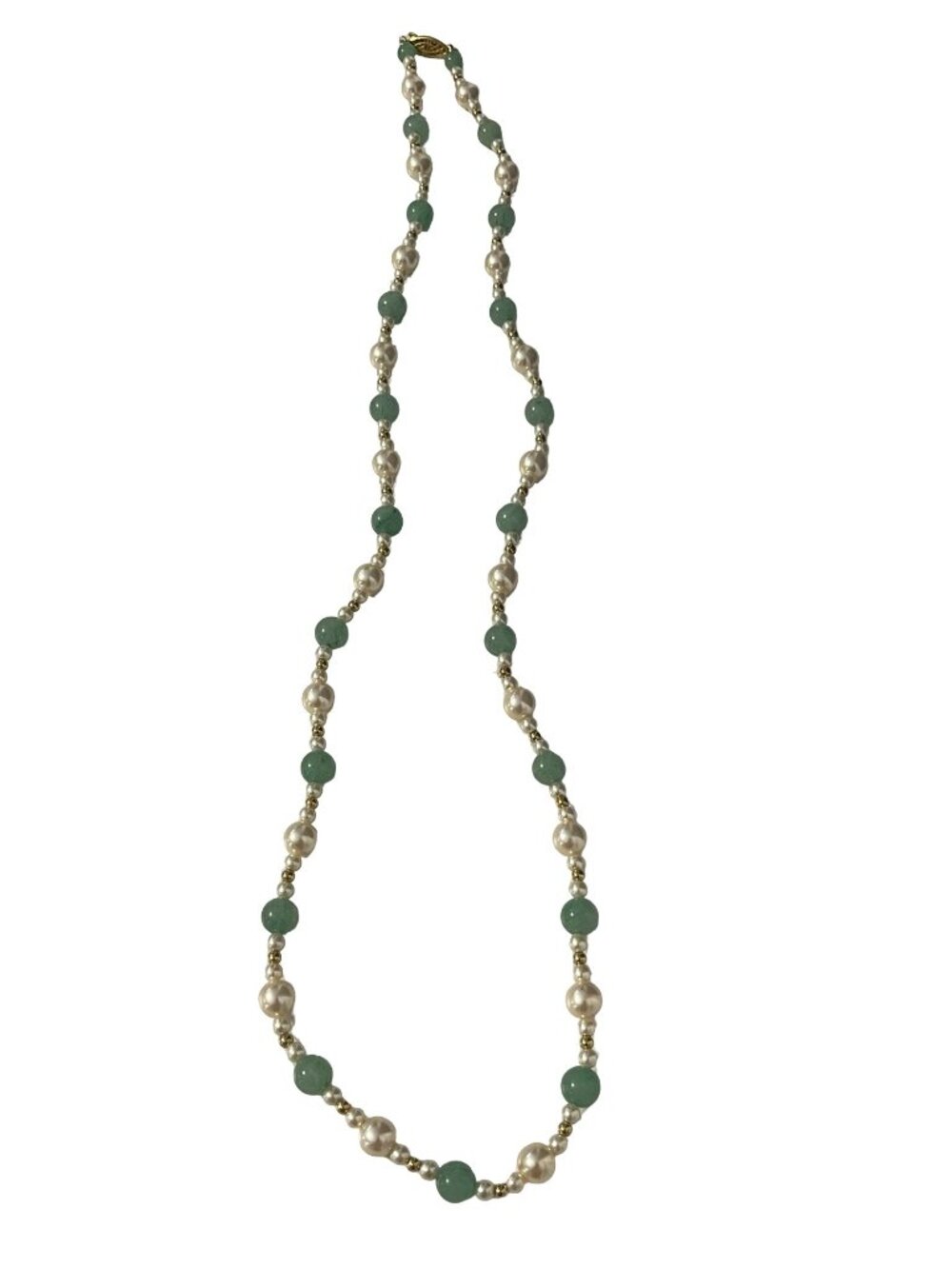 Vintage Pearl and Green Bead Necklace 28 Inch Strand Gold Tone Clasp Classic Ele